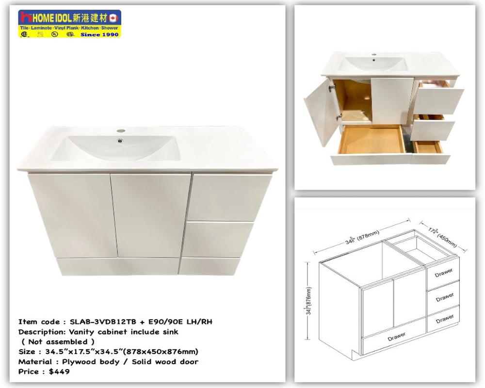 Flyer 36" Vanity Combo LH A+ WAS $660 Now $449 V36LH(SLAB-VSB24WBD + SLAB-3VDB12TB + E90/90E LEFT) vanity and sink white plywood body solid wood door 878mmH x 876mmW x 450mmD 34-5/8"W x 34-1/2"H x 17-3/4"D