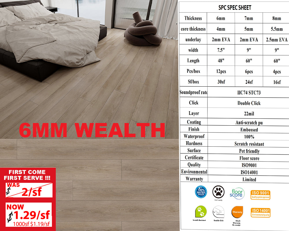 6mm W6MM A+ Was $2/sf Now $1.29/sf 1000sf+ $1.19/sf SPC FLOORING Luxury Vinyl with pad 1220x184x4mm+2mm Pad 12pcs/box 30sf/box