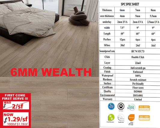 6mm W6MM A+ Was $2/sf Now $1.29/sf 1000sf+ $1.19/sf SPC FLOORING Luxury Vinyl with pad 1220x184x4mm+2mm Pad 12pcs/box 30sf/box