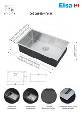 DS2818-R10/7146 handmade single bowl kitchen sink undermount 710x460x228mm exterior 28"x18"x9" interior 26"x16"x9" *DRAINS INCLUDED* $129/pc 10PCS+ $119/PC  A7