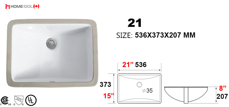 #21/G21 square bathroom sink undermount model number: 21  536x374x207mm = 21" x 14-3/4" x 8.15" $24/pc