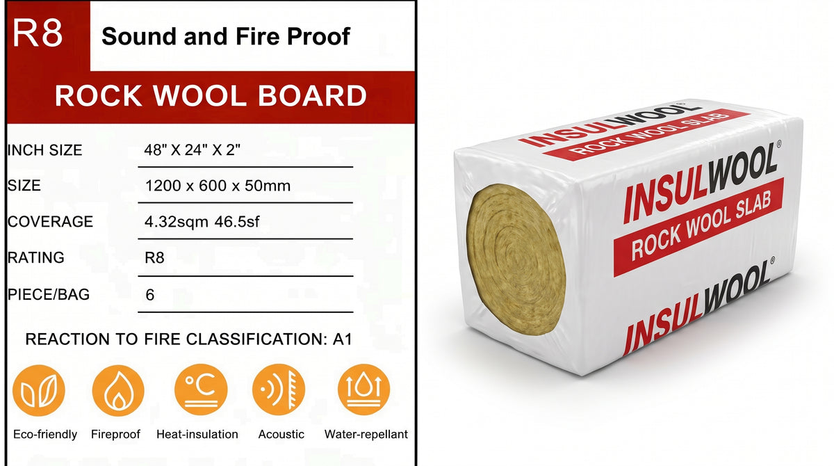 Slab R8 Insulation Rock Wool Board Slab 48"x24"x2" 46.5sf 6psc/box $69.99/bag 10bag+ $59.99