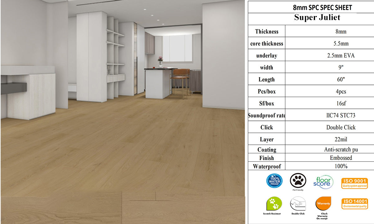 8mm SJ8mm SPC FLOORING Waterproof Luxury Vinyl 60"x 9" (5.5mm+2.5mm) Pad 4PCs/16SF/BOX $1.49/SF 3000SF+ $1.45/SF Honest Price(No Fancy Showroom No Golddigger No Kickback) A2