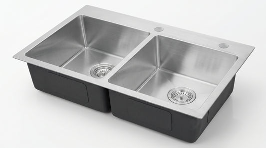 DS3320A-R10/8541 handmade double bowl kitchen sink topmount 16 gauged Satin 840x510x228mm (33"x20"x9") *DRAINS INCLUDED* $129/PC 10pcs+ $119/pc 