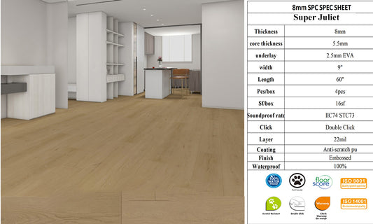 8mm Juliet SPC FLOORING Waterproof Luxury Vinyl 60"x 9" (5.5mm+2.5mm) Pad 4PCs/16SF/BOX $1.49/SF 1000SF+ $1.39/SF