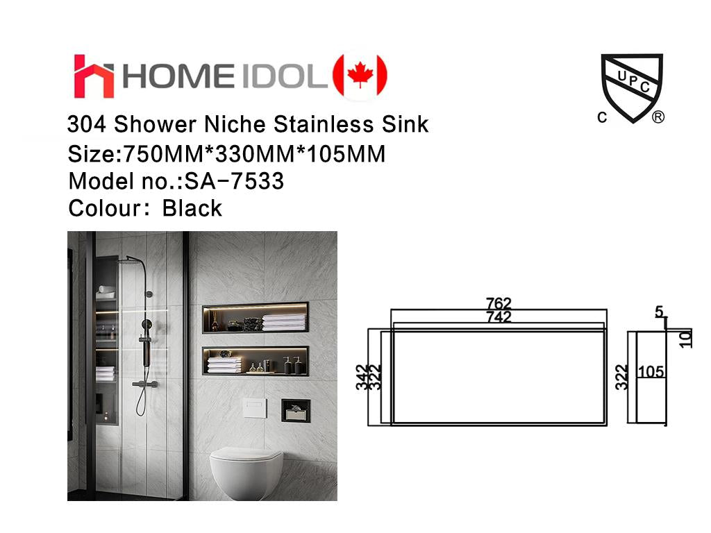 SA-7533 Stainless Steel 304 Shower Niche Black 330X750X105MM (13"X29.5"X4") $59/PC 10pcs+ $49/PC - Home Idol Vancouver Richmond Surrey