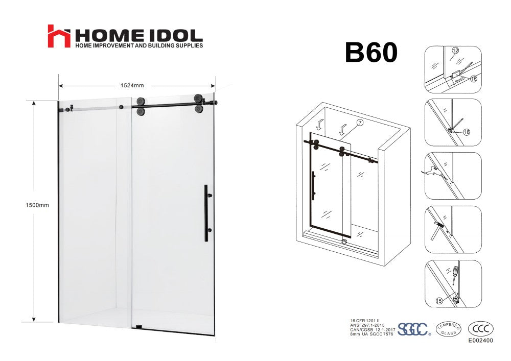 B60 $199 tub door 8mm black frameless 1524X1500mm/60"x59" with wall profile and magnet door strip prevent water leaking A4 *Non-Profit First Come First Serve* AI - Home Idol Vancouver Richmond Surrey