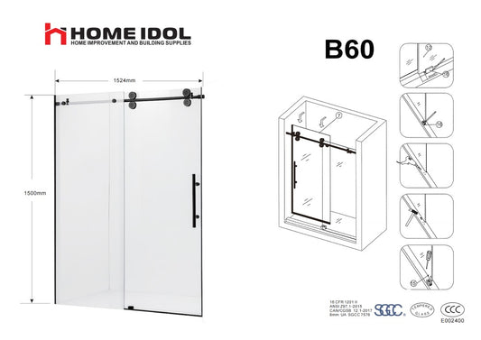 B60 $199 tub door 8mm black frameless 1524X1500mm/60"x59" with wall profile and magnet door strip prevent water leaking A4 *Non-Profit First Come First Serve Don't Miss the Boat* AI