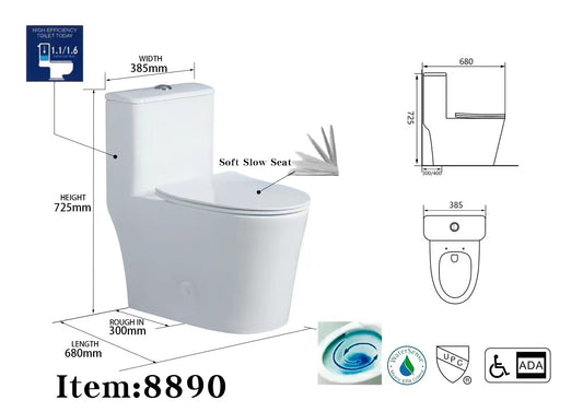 1pc elongated toilet 8890 $129/PC *TOP* dual flush 4L/6L include slow close seat 675x385x710mm #1 Skirted easy to clean #2 Rimless tornado flush #3 ADA handicap 17" height A5 *Non-Profit First Come First Serve*