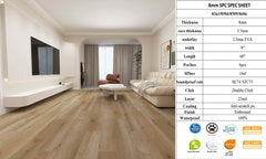 8mm 8509 Vinyl Click 8MM Waterproof Luxury SPC flooring 230X1500x5.5mm+2.5mm eva pad (9"w*60"h*8mm thickness) 4PCs/16SF/BOX $1.59/SF A2.5