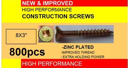 Construction Screw Square recess, flat head with 4 nibs under head cut thread hardened yellow zinc plated #8x3" 800pcs/box $19.50/box