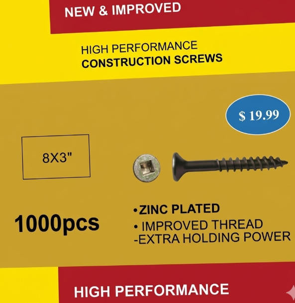 Yellow zinc plated construction Screw square recess #8x3" 1000pcs/box $19.99/box