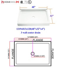 4' B-7703C/7088 acrylic shower base 3 walls CENTER drain 48"x32"X4.7"/1219x813X120mm (single threshold) $139/PC A4 *Non-Profit First Come First Serve*