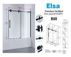 B60 $199 tub door 8mm black frameless 1524X1500mm/60"x59" with wall profile and magnet door strip prevent water leaking A4 *Non-Profit First Come First Serve*