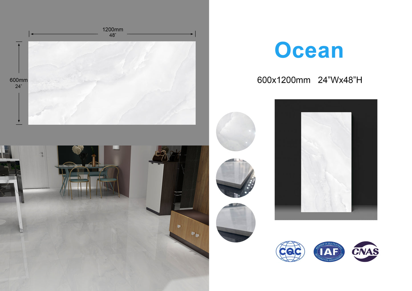 Ocean 24"x48" Full Polished Glazed Porcelain Tile Wall/Floor light gray 2pcs/16sf/box $1.29/SF 3000SF+ $1.19/SF A1.5