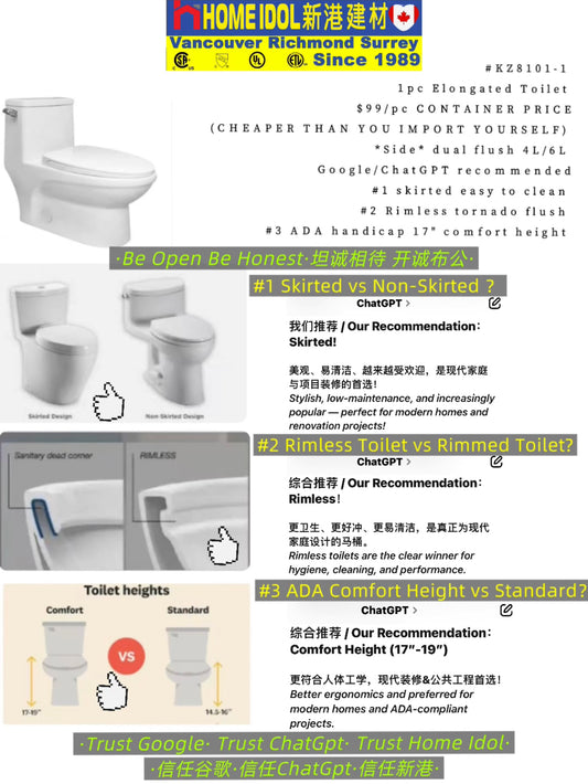 KZ8101-2 $99/pc CONTAINER PRICE (CHEAPER THAN YOU IMPORT YOURSELF) *TOP* dual flush 4L/6L Google/ChatGPT recommended #1 Skirted easy to clean #2 Rimless tornado flush #3 ADA handicap 17" comfort height (NOT include toilet seat, wax & pipe)