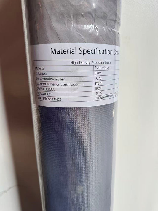 floor soundproof underlay 3mm eva underlay high density foam IIC 76 STC 79 $0.14/SF 100sf/roll $13.99/roll 10rolls+ $12.99/roll A3