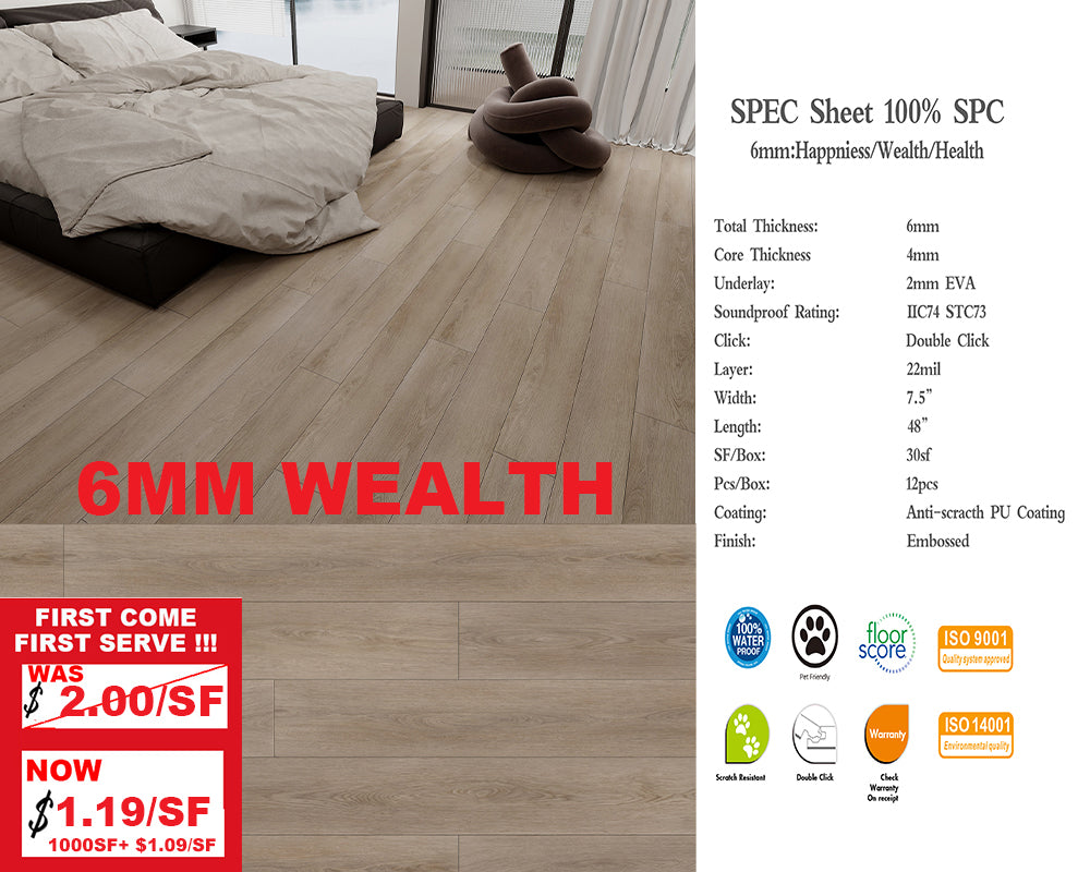 6mm W6MM A+ Was $2/sf Now $1.19/sf 1000sf+ $1.09/sf SPC FLOORING Waterproof Luxury Vinyl with pad 1220x184x4mm+2mm Pad 12pcs/box 30sf/box