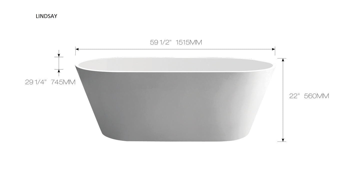 Lindsay 1515x745x560MM =60"x 30"x22" Freestanding Bath tub With overflow and drainer Acrylic material bathtub $599