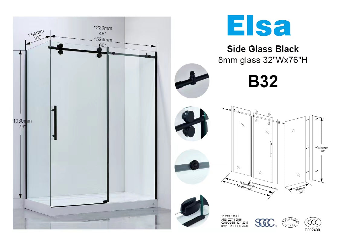8MM Upgrade 5' BLACK Corner shower combo Right hand with side glass square frameless shower door(32"Dx60"Wx76"H) B32+ B76+ 4022R RH shower base(60"x32") $649/SET
