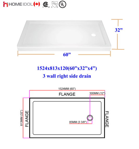 acrylic shower base 3 walls right drain 60"x32"/1524x813mm 5011R (single threshold)  $159