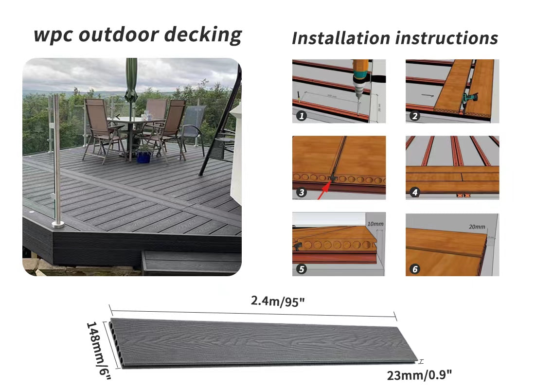 WPC Decking Composite Deck Boards deck plank Light Grey AL-K150-25D DOUBLE FACED (clips not included) 2400X148X23MM 95"X6"X0.9" 3.7SF/PC $15/PC(=$3.99/SF) 100PCS+ $14.50/PC (=$3.89/SF)