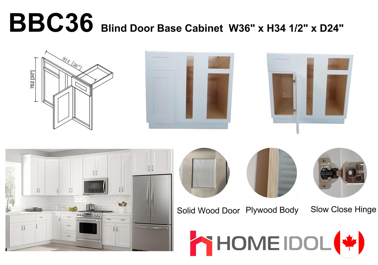 BBC36 36" Plywood white shaker blind base kitchen cabinet 3LF x $150 = $450/pc