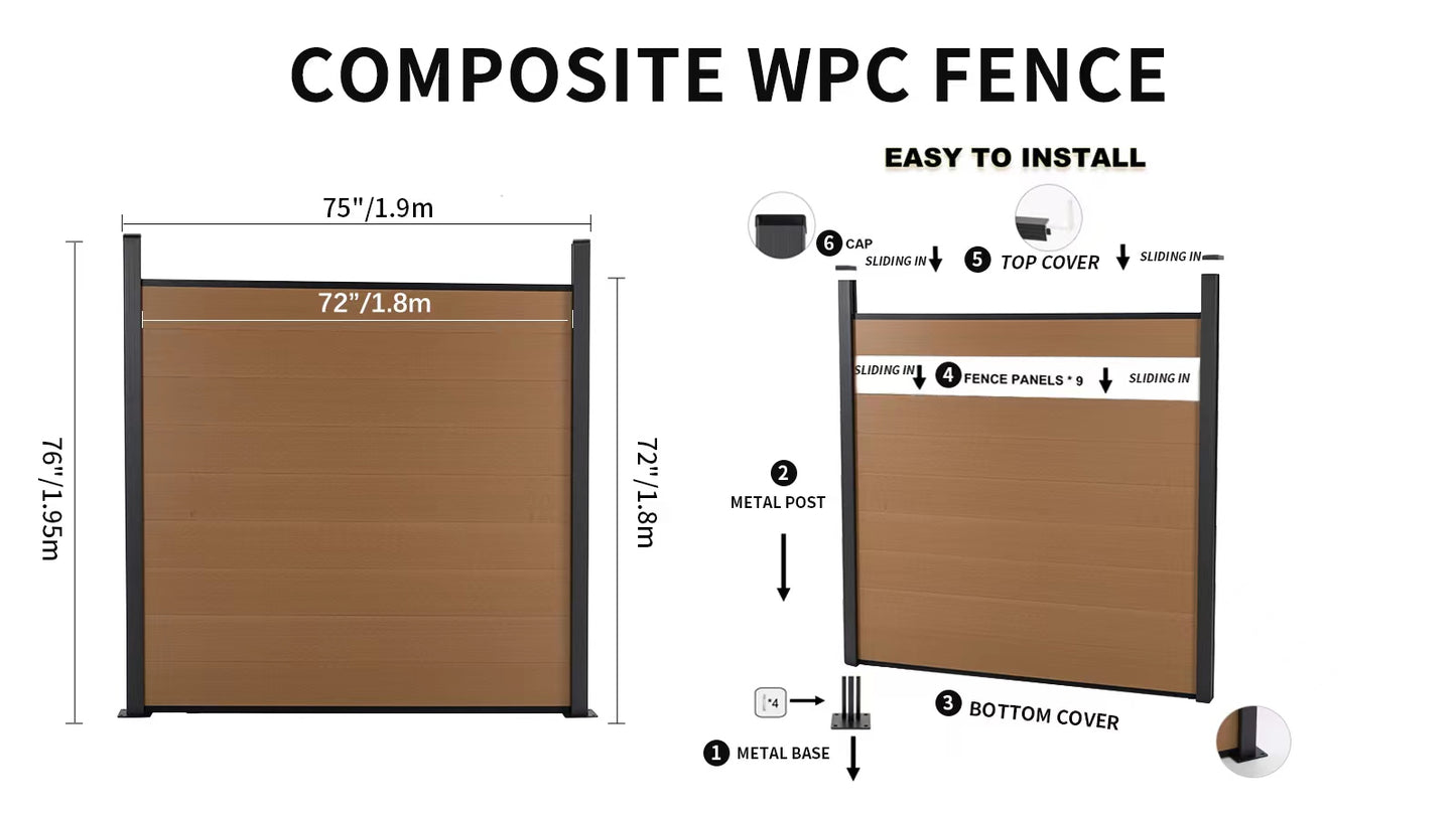 *PROMOTION* WPC fence board brown C4 72"x72" 1800mm x 1800mm 9pcs/set with accessories (1 post only + 1 base + 2 edges + screw) $189/SET