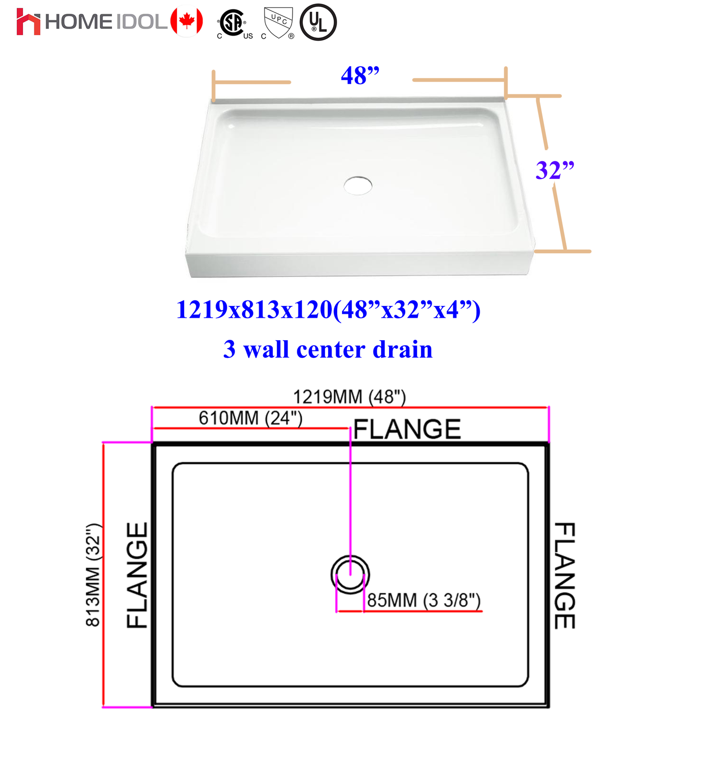 shower base #8 acrylic shower base 3 walls centre drain 48"x32"/1220x813mm  model: 7088 (single threshold)  $159