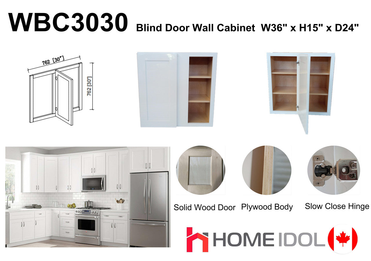 WBC3030+W3030 30" Plywood White shaker BLIND wall kitchen cabinet 2.5LFx$100LF=$250