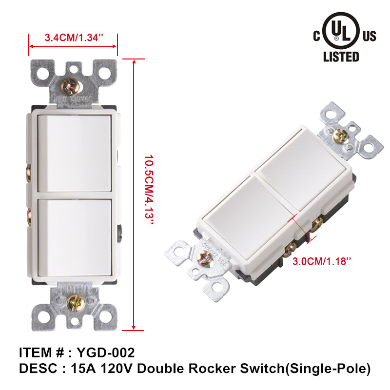 Double Rocker switch single pole 15a 120v $2