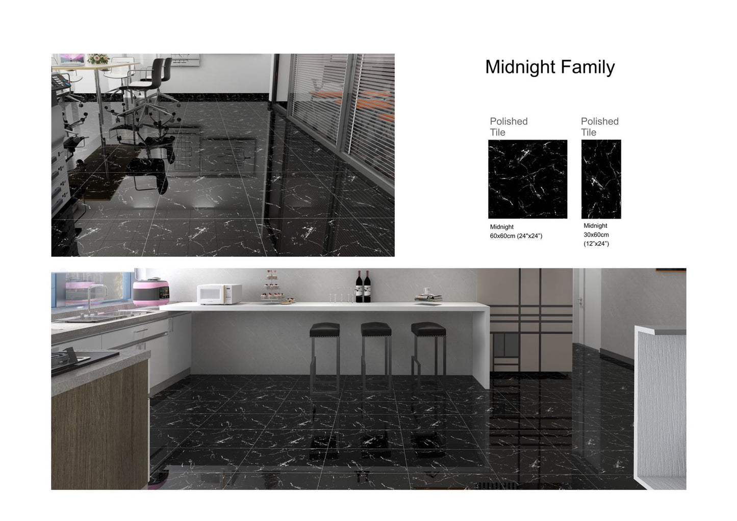 Midnight black polished tile 12"x24" 8pcs/box 16sf/box $23.84/box $1.49/sf 3000SF+ $1.39/sf