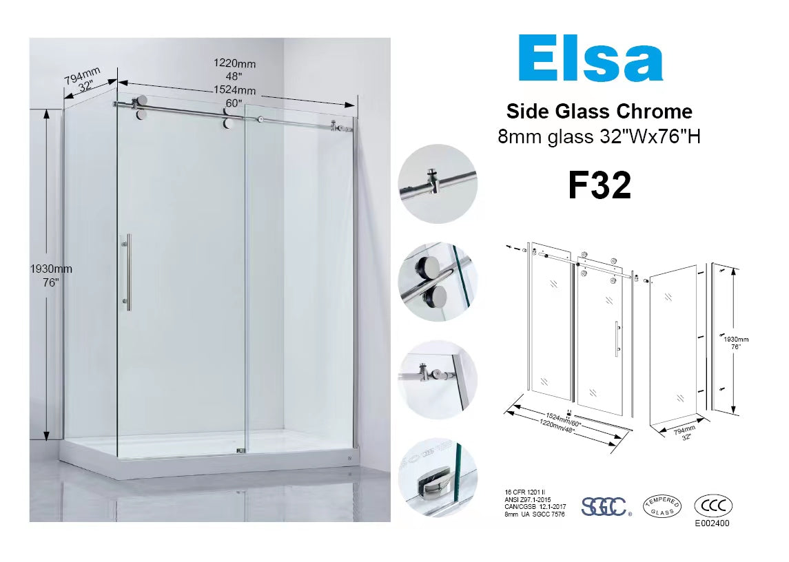 8MM 4' Corner shower combo with side glass square Left hand 4' chrome frameless shower door(32"Dx48"Wx76"H) G22R21-SP/F32+ G22R21-FB/F48+ 3044L shower base(48"x32") $549/set 4sets+ $499/set
