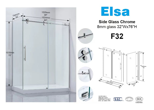 8MM 4' Corner shower combo with side glass square Right hand 4' chrome frameless shower door(32"Dx48"Wx76"H) G22R21-SP/F32+ G22R21-FB/F48+ 3044R shower base(48"x32") $549/set 4sets+ $499/set