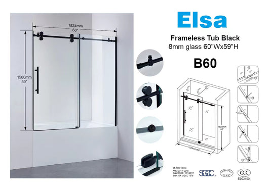 B60 8mm black frameless tub door 5'x5' 1524X1500mm/60"x59" with wall profile and magnet door strip prevent water leaking $279