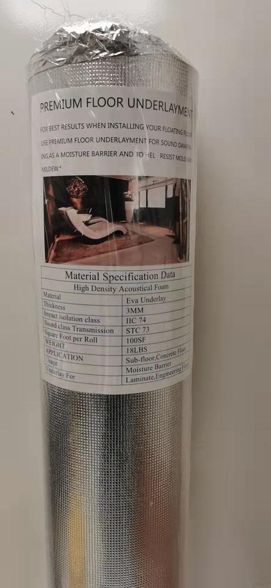 floor soundproof underlay 3mm eva underlay high density foam IIC 74 STC 73 $0.18/SF 100sf/roll $18/roll 100rolls+$16/roll
