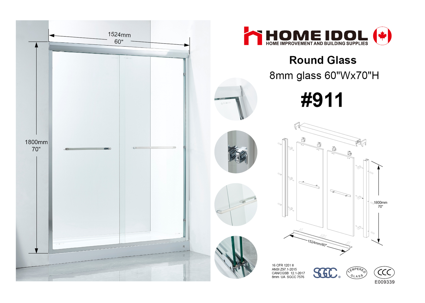 Promotion  #911 Framed Shower door 8mm glass 5'x6'(1524*1800MM) $199