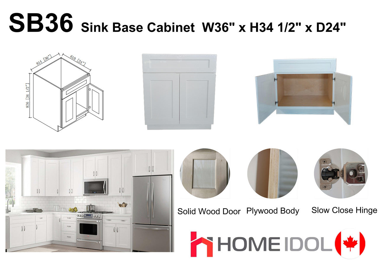 SB36 36" Plywood white shaker sink base kitchen cabinet 2 doors 3LFx$150LF=$450/pc