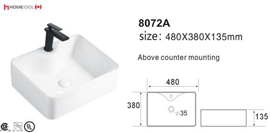 8072A art basin square bathroom sink topmount with single hole faucet 480x375x130mm = 19"x15"x5" $39.