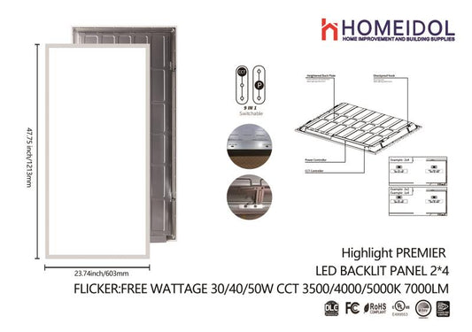 led panel light 2'x4' dimmable 60w 3CCT 3500/4000k/5000k 7800 lumen ul $65/pc 10pcs+ $60/pc