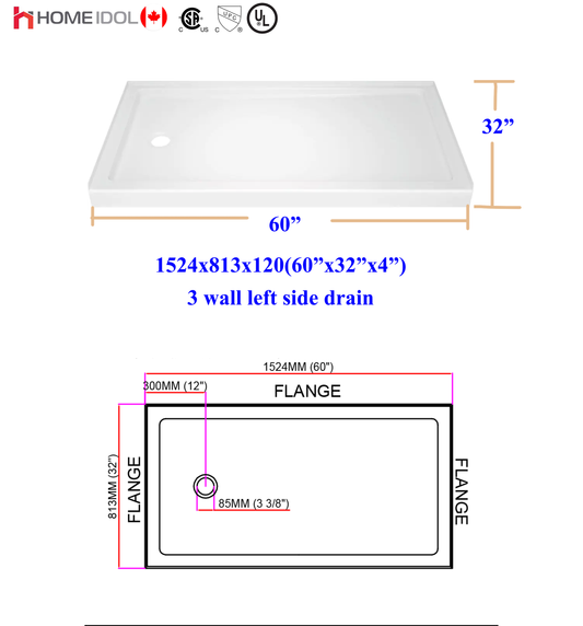 acrylic shower base 3 walls Left drain 60"x32"/1524x813mm 5011L (single threshold)  $159